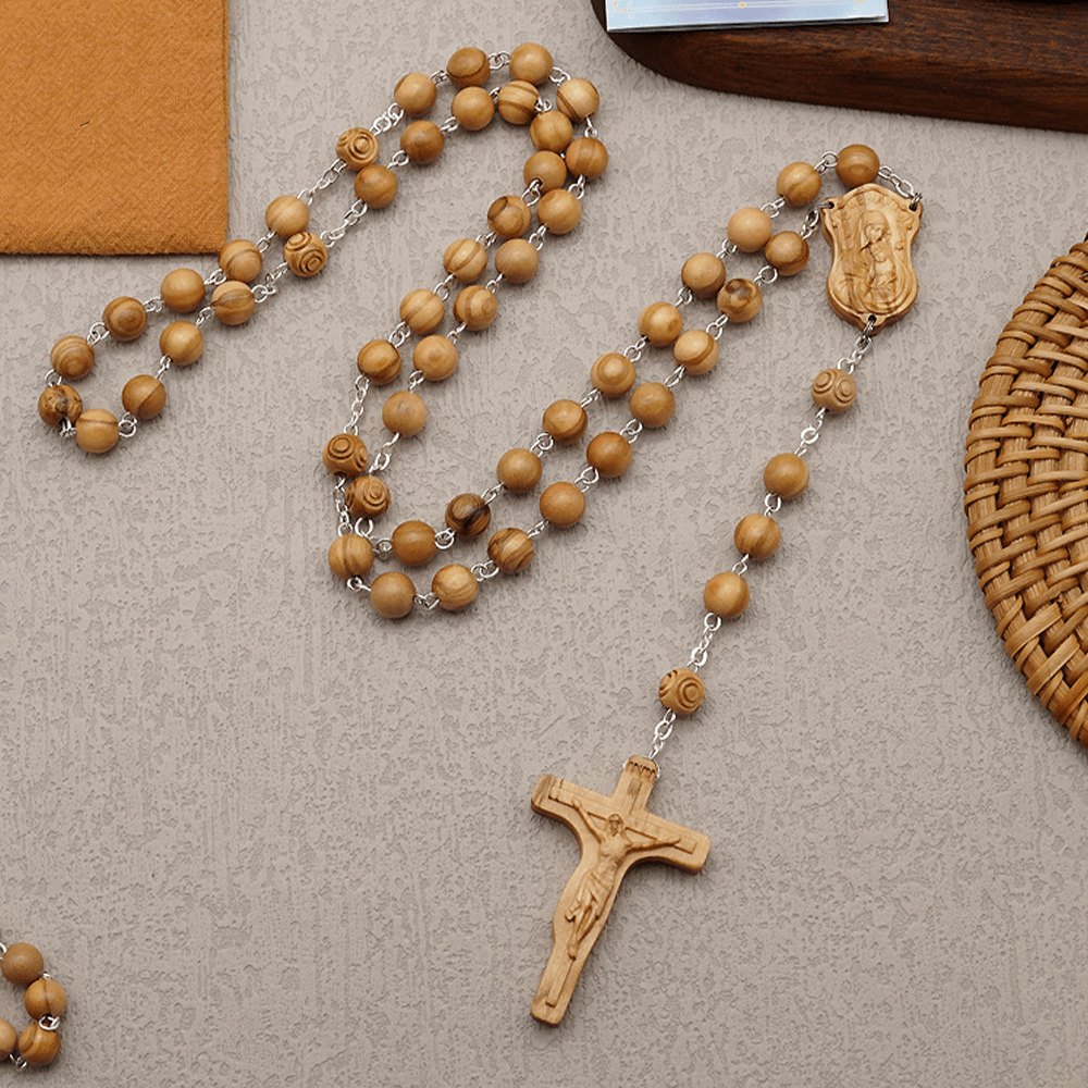 Madonna and Child & Crucifix of 8 mm Round Multicolor Olive Wood Alloy Chain Rosary - Olive Wood--8mm - image 6