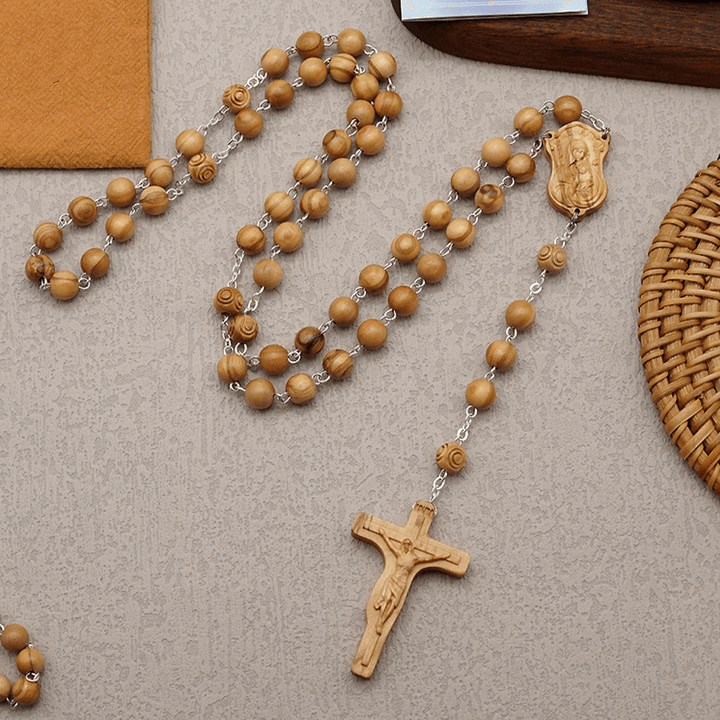 Madonna and Child & Crucifix of 8 mm Round Multicolor Olive Wood Alloy Chain Rosary - Olive Wood--8mm - image 6