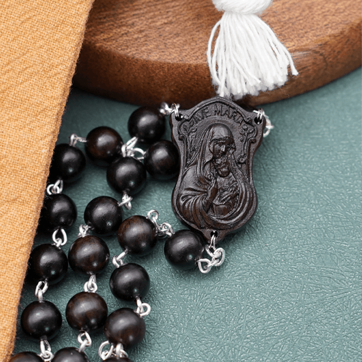 Madonna and Child & Crucifix of 8 mm Round Multicolor Olive Wood Alloy Chain Rosary - image 14