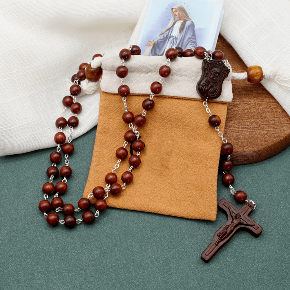 Madonna and Child & Crucifix of 8 mm Round Multicolor Olive Wood Alloy Chain Rosary - image 9