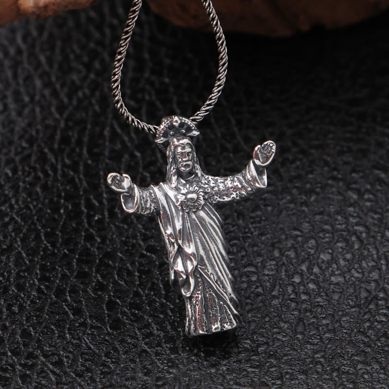Retro Old-Fashioned Style Jesus Sterling Silver Pendant Necklace - image 2