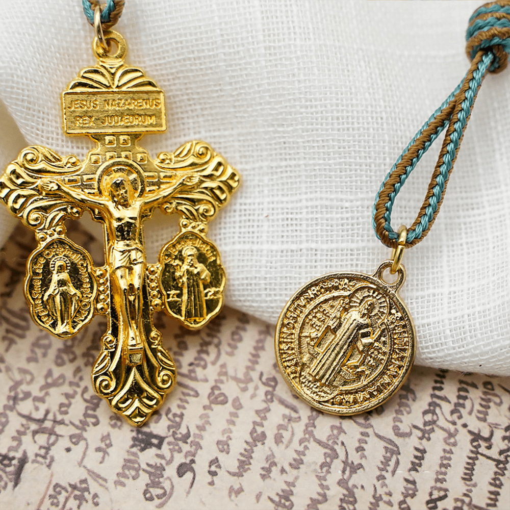 St. Benedict Medal & Crucifix of 10 mm Round Golden Olive Wood Nylon Cord Pocket Rosary - image 4