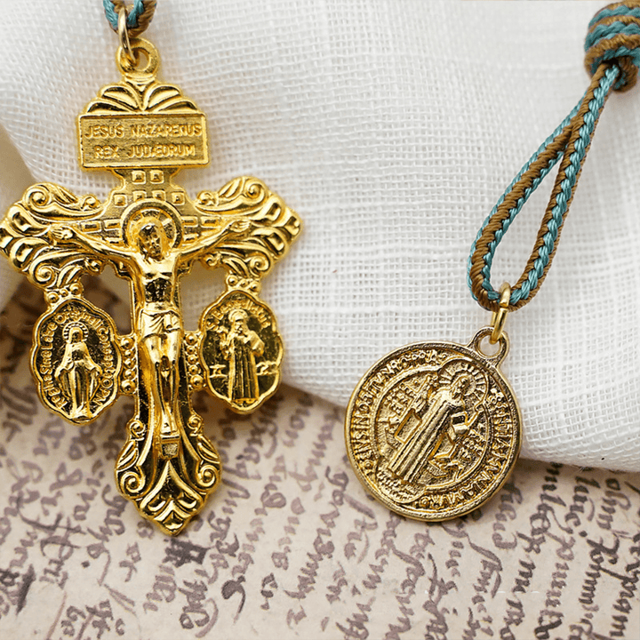 St. Benedict Medal & Crucifix of 10 mm Round Golden Olive Wood Nylon Cord Pocket Rosary - image 4
