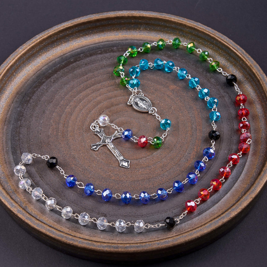 Miraculous Medal & Crucifix of 6 mm Polyhedron Multicolor Crystal Alloy Chain Rosary - Multicolor - image 1
