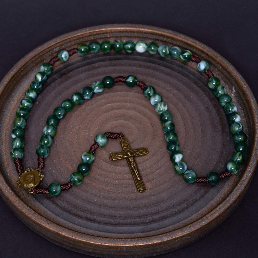 Our Lady of Guadalupe & Crucifix of 10 mm Round Green Agate Nylon Cord Rosary - Green - image 1
