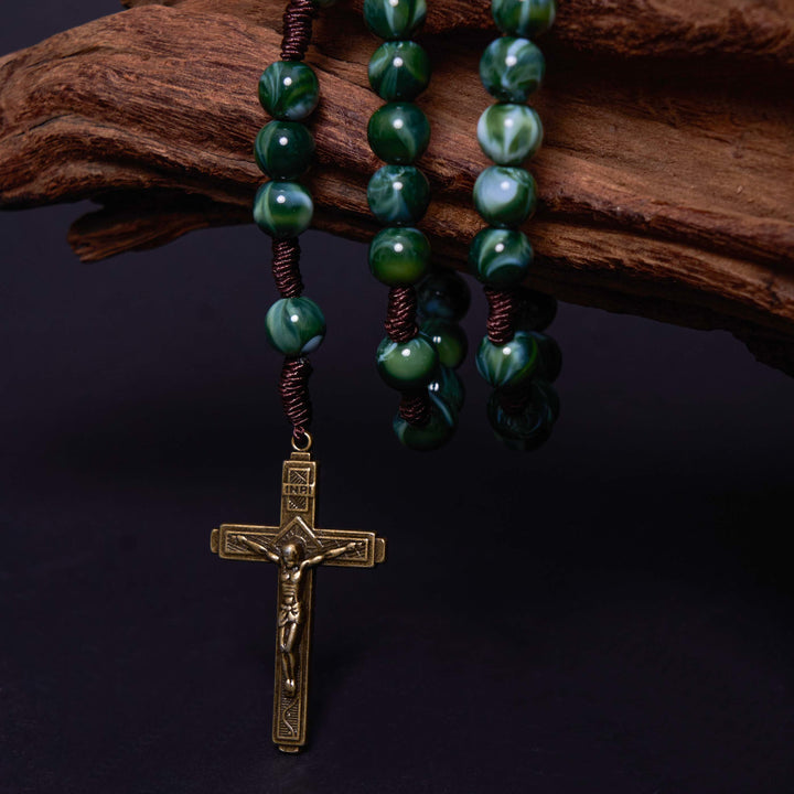 Our Lady of Guadalupe & Crucifix of 10 mm Round Green Agate Nylon Cord Rosary - image 2