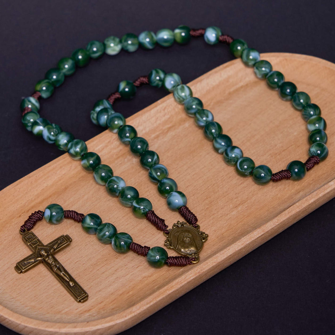 Our Lady of Guadalupe & Crucifix of 10 mm Round Green Agate Nylon Cord Rosary - image 1