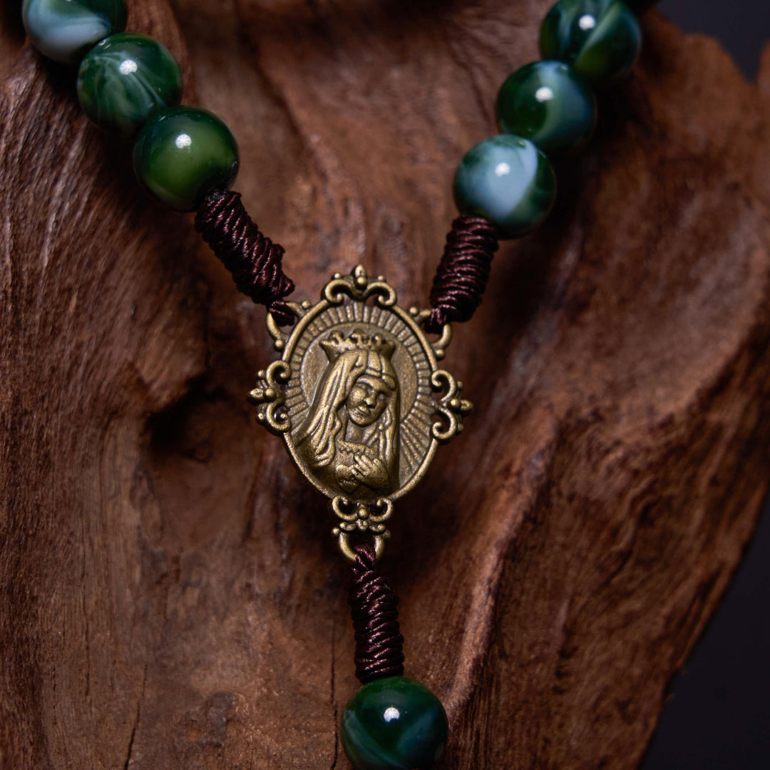 Our Lady of Guadalupe & Crucifix of 10 mm Round Green Agate Nylon Cord Rosary - image 4