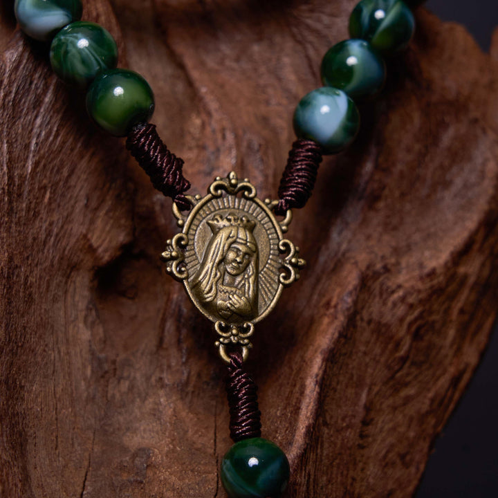 Our Lady of Guadalupe & Crucifix of 10 mm Round Green Agate Nylon Cord Rosary - image 4