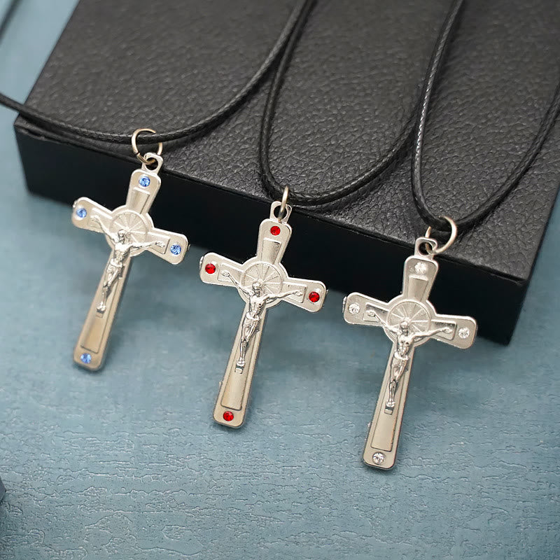Retro Claasic Style Crucifix with Colorful Gemstone Pendant Necklace - Red - image 1