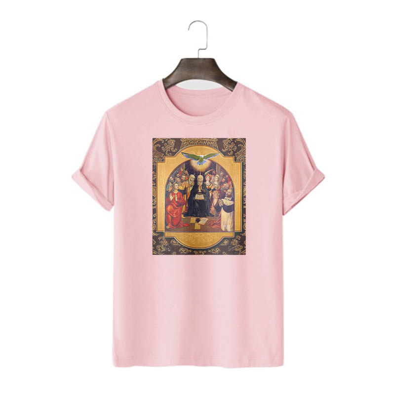Christianartworkshop Classic Style Holy Spirit Apostles Saint Virgin Mary Short Sleeve Washed T-shirt - Pink - 2XL - image 14