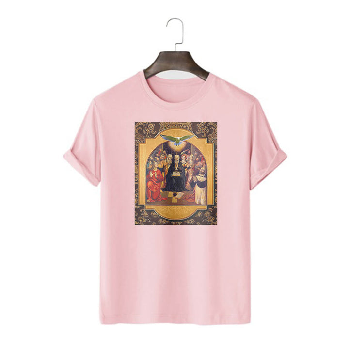 Christianartworkshop Classic Style Holy Spirit Apostles Saint Virgin Mary Short Sleeve Washed T-shirt - Pink - 2XL - image 14