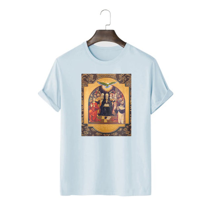 Christianartworkshop Classic Style Holy Spirit Apostles Saint Virgin Mary Short Sleeve Washed T-shirt - Blue - 2XL - image 18