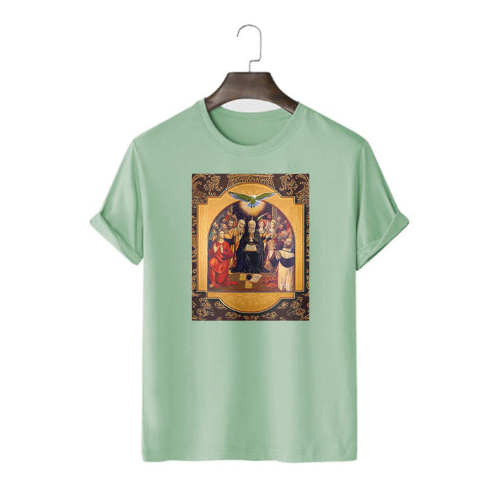 Christianartworkshop Classic Style Holy Spirit Apostles Saint Virgin Mary Short Sleeve Washed T-shirt - Light Green - 2XL - image 12