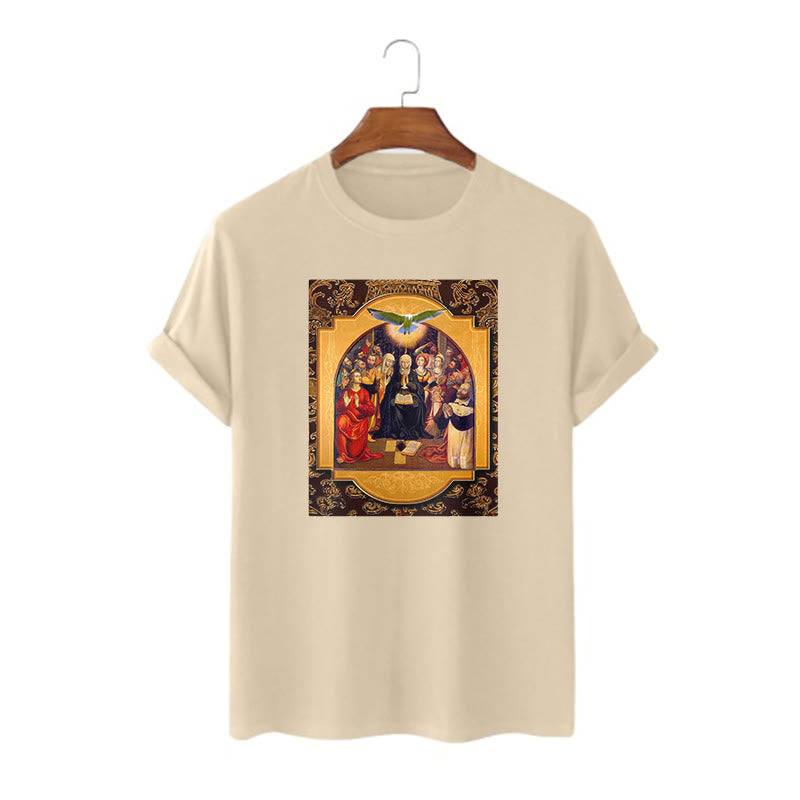 Christianartworkshop Classic Style Holy Spirit Apostles Saint Virgin Mary Short Sleeve Washed T-shirt - Khaki - 2XL - image 8