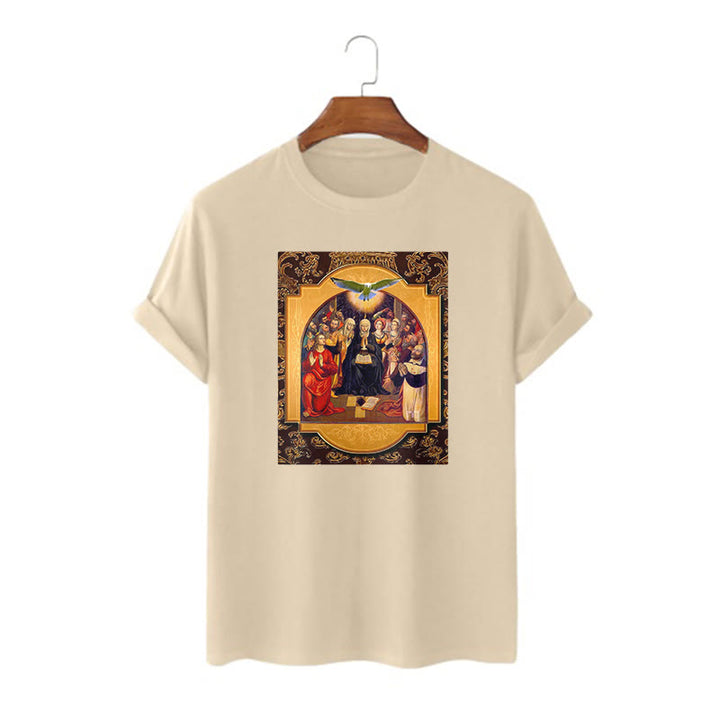 Christianartworkshop Classic Style Holy Spirit Apostles Saint Virgin Mary Short Sleeve Washed T-shirt - Khaki - 2XL - image 8