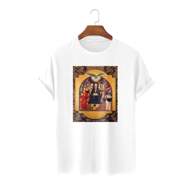 Christianartworkshop Classic Style Holy Spirit Apostles Saint Virgin Mary Short Sleeve Washed T-shirt - White - 2XL - image 5