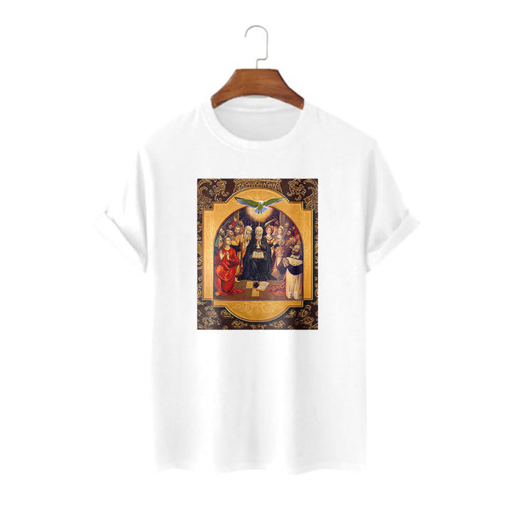 Christianartworkshop Classic Style Holy Spirit Apostles Saint Virgin Mary Short Sleeve Washed T-shirt - White - 2XL - image 5
