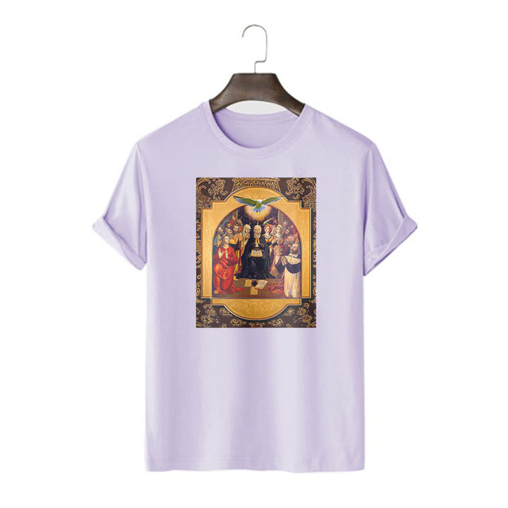 Christianartworkshop Classic Style Holy Spirit Apostles Saint Virgin Mary Short Sleeve Washed T-shirt - Purple - 2XL - image 16