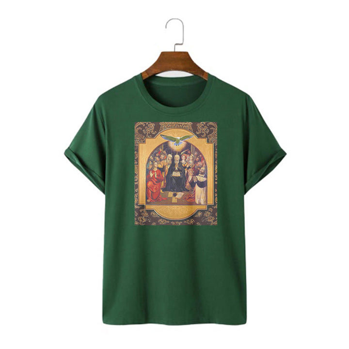 Christianartworkshop Classic Style Holy Spirit Apostles Saint Virgin Mary Short Sleeve T-shirt - Dark Green - 2XL - image 9