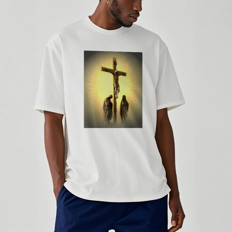 Classic Style Crucifixion of Jesus Graphic Short Sleeve Washed T-shirt
