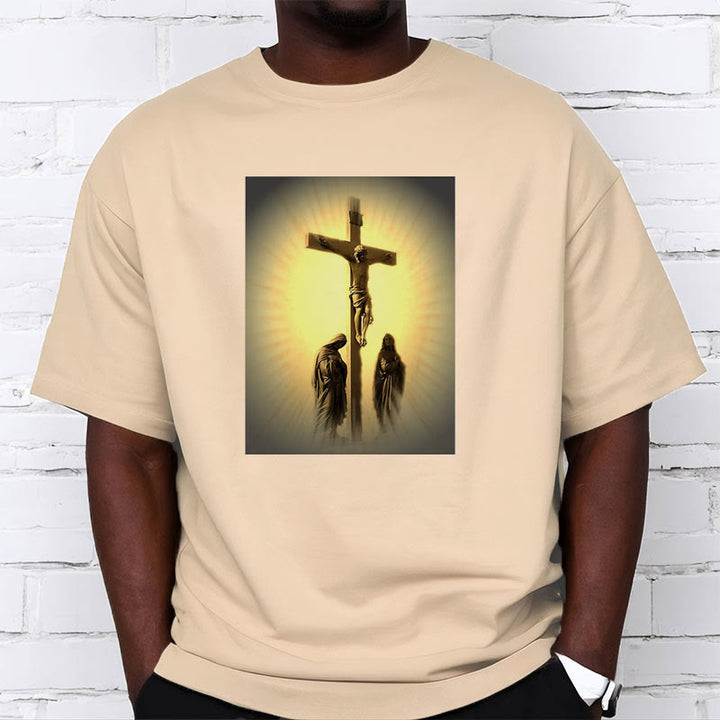 Classic Style Crucifixion of Jesus Graphic Short Sleeve Washed T-shirt