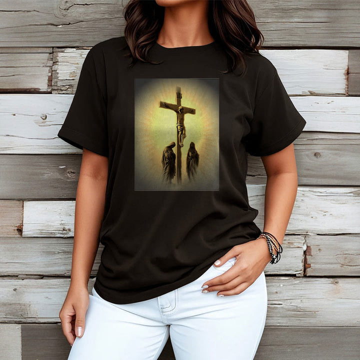 Classic Style Crucifixion of Jesus Graphic Short Sleeve Washed T-shirt