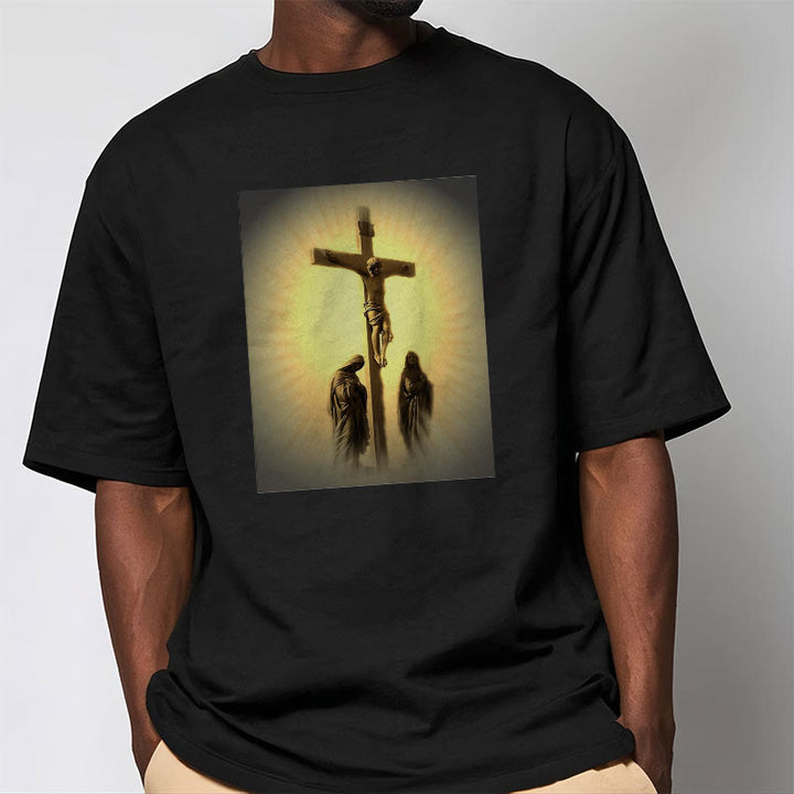 Classic Style Crucifixion of Jesus Graphic Short Sleeve Washed T-shirt