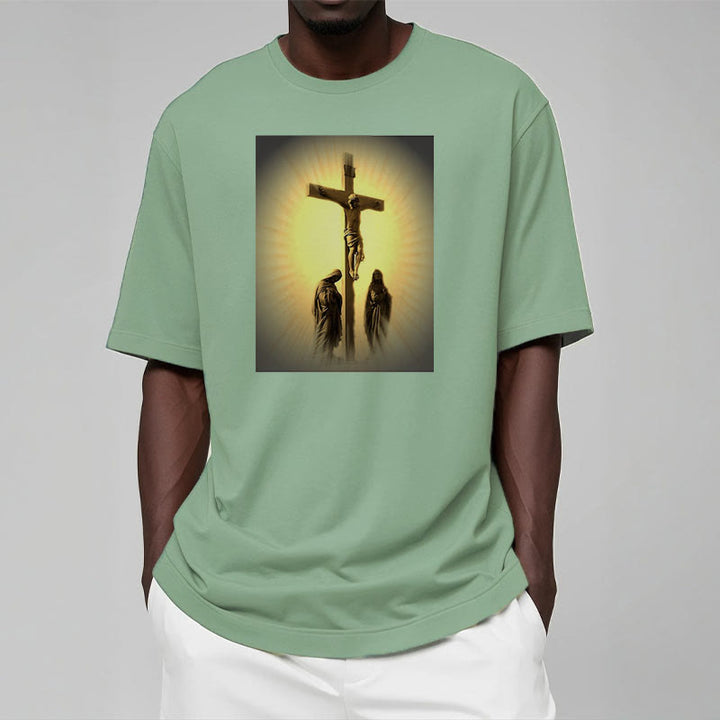 Classic Style Crucifixion of Jesus Graphic Short Sleeve Washed T-shirt