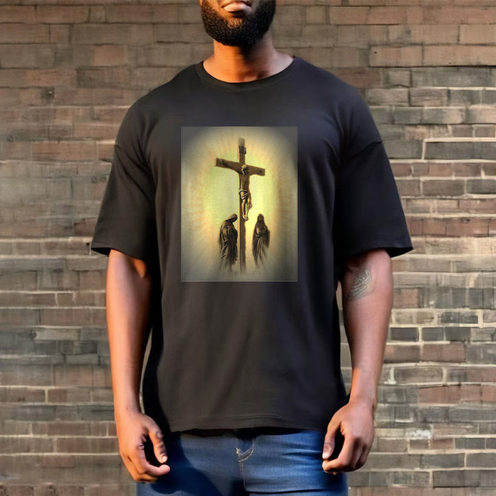 Classic Style Crucifixion of Jesus Graphic Short Sleeve Washed T-shirt