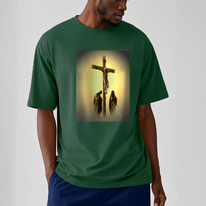 Classic Style Crucifixion of Jesus Graphic Short Sleeve Washed T-shirt