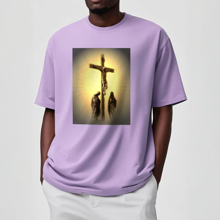 Classic Style Crucifixion of Jesus Graphic Short Sleeve Washed T-shirt
