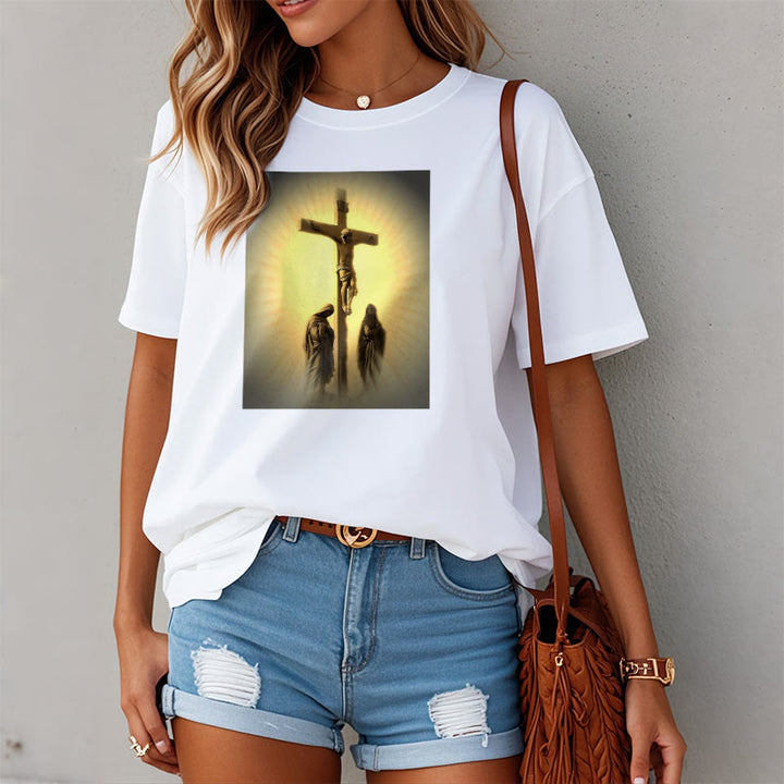 Classic Style Crucifixion of Jesus Graphic Short Sleeve Washed T-shirt