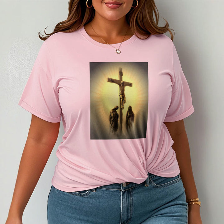 Classic Style Crucifixion of Jesus Graphic Short Sleeve Washed T-shirt