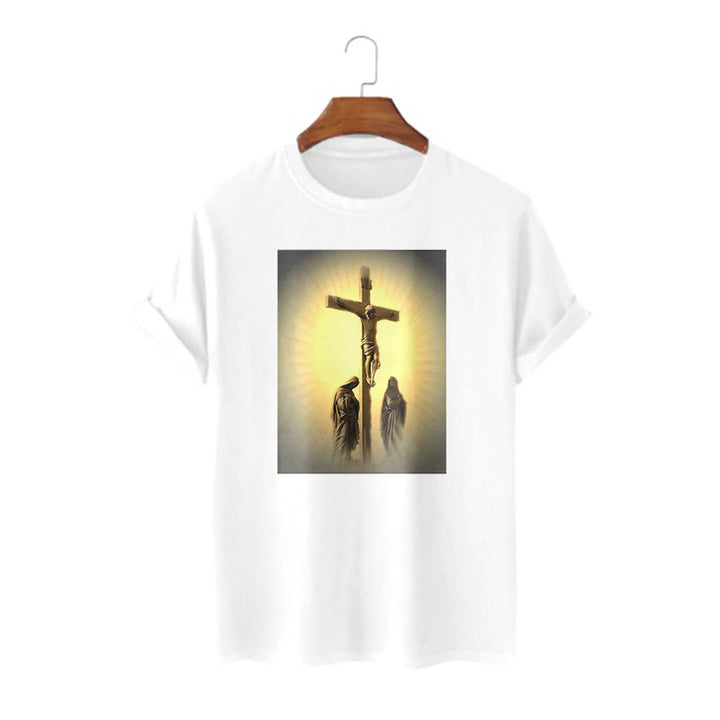 Classic Style Crucifixion of Jesus Graphic Short Sleeve Washed T-shirt