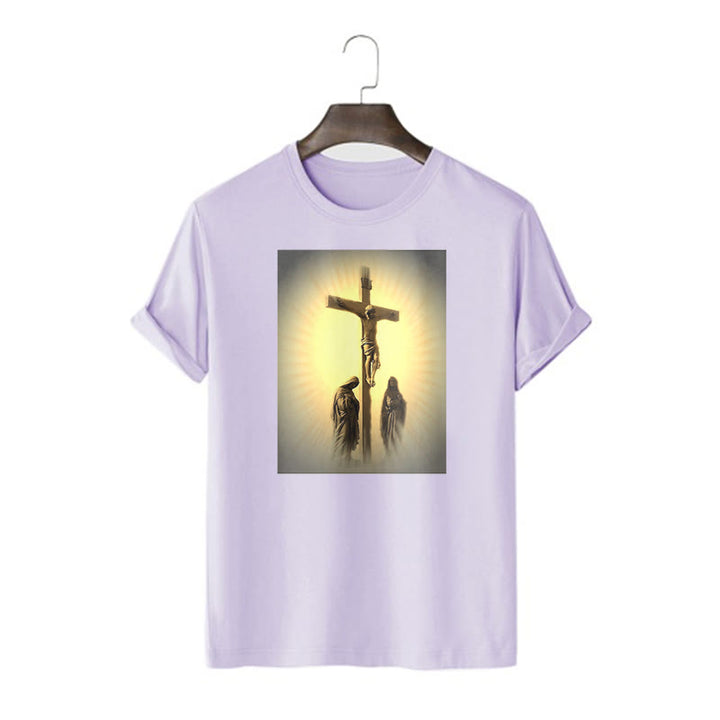 Classic Style Crucifixion of Jesus Graphic Short Sleeve Washed T-shirt