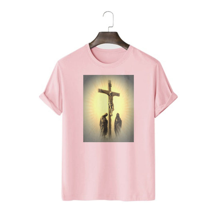 Classic Style Crucifixion of Jesus Graphic Short Sleeve Washed T-shirt