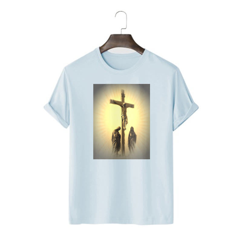 Classic Style Crucifixion of Jesus Graphic Short Sleeve Washed T-shirt