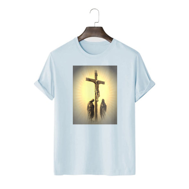 Classic Style Crucifixion of Jesus Graphic Short Sleeve Washed T-shirt