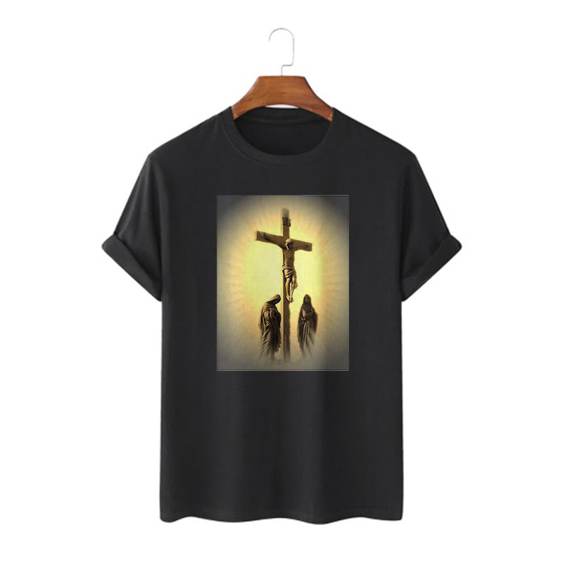 Classic Style Crucifixion of Jesus Graphic Short Sleeve Washed T-shirt
