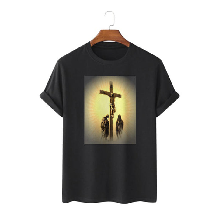 Classic Style Crucifixion of Jesus Graphic Short Sleeve Washed T-shirt