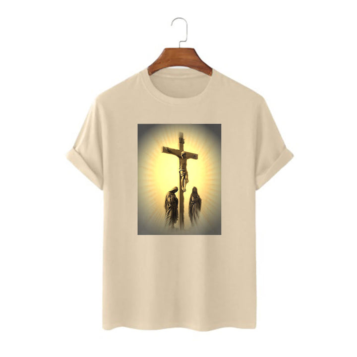 Classic Style Crucifixion of Jesus Graphic Short Sleeve Washed T-shirt