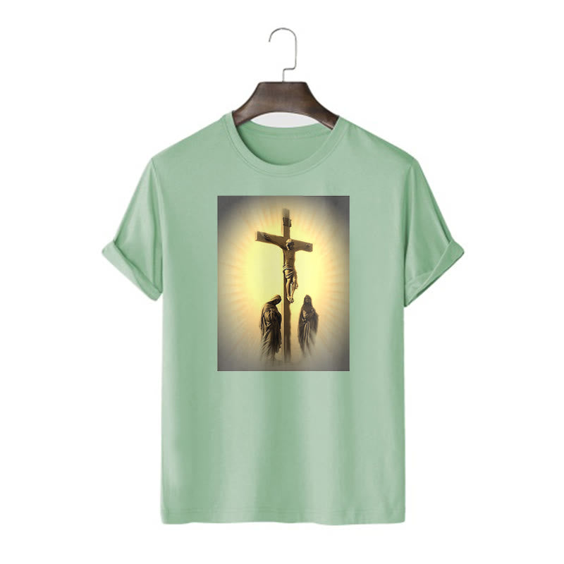 Classic Style Crucifixion of Jesus Graphic Short Sleeve Washed T-shirt