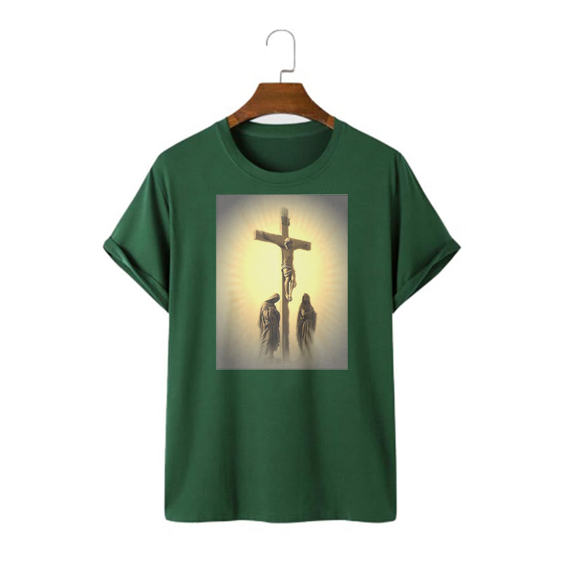Classic Style Crucifixion of Jesus Graphic Short Sleeve Washed T-shirt