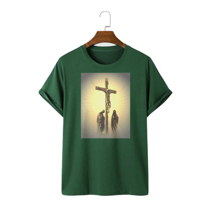 Classic Style Crucifixion of Jesus Graphic Short Sleeve Washed T-shirt