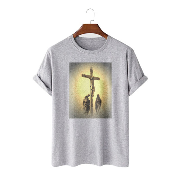 Classic Style Crucifixion of Jesus Graphic Short Sleeve Washed T-shirt