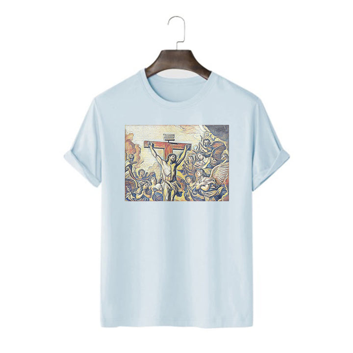 Christianartworkshop Classic Style Crucifixion of Jesus Classic Short Sleeve Washed T-shirt - Blue - 2XL - image 18