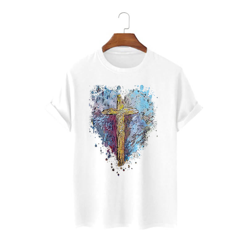 Christianartworkshop Classic Style Cross my Heart Short Sleeve Washed T-shirt - White - 2XL - image 1