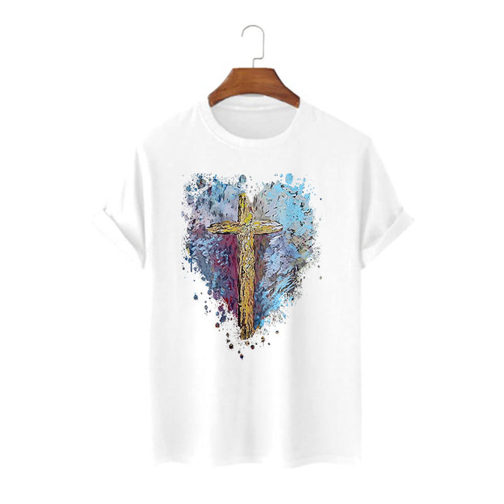 Christianartworkshop Classic Style Cross my Heart Short Sleeve Washed T-shirt - White - 2XL - image 1