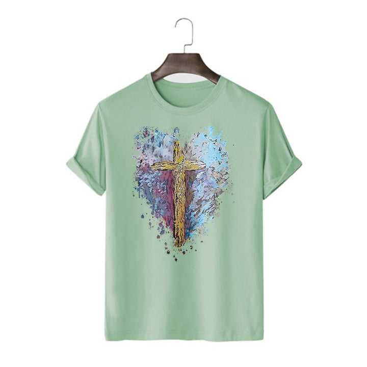 Christianartworkshop Classic Style Cross my Heart Short Sleeve Washed T-shirt - Light Green - 2XL - image 12